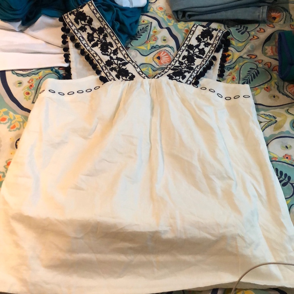JCrew Embroidered pom-pom tank top